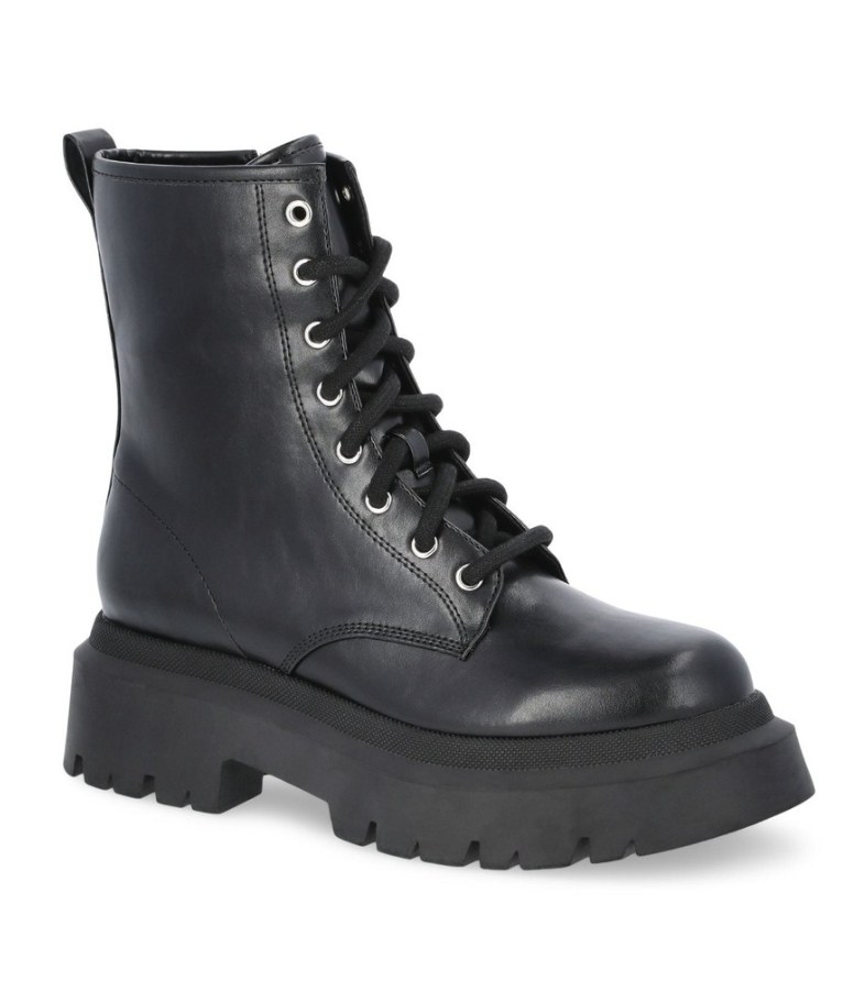 Black lace-up combat boot with chunky lug sole and silver eyelets on white background
