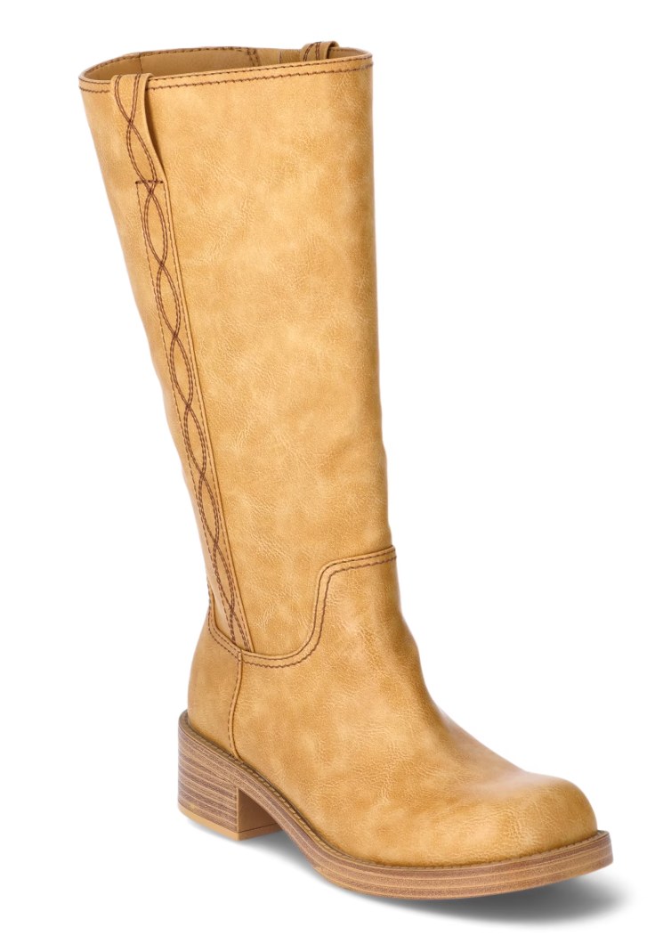 Tan camel knee-high riding boot with braided stitching detail and stacked heel on white background