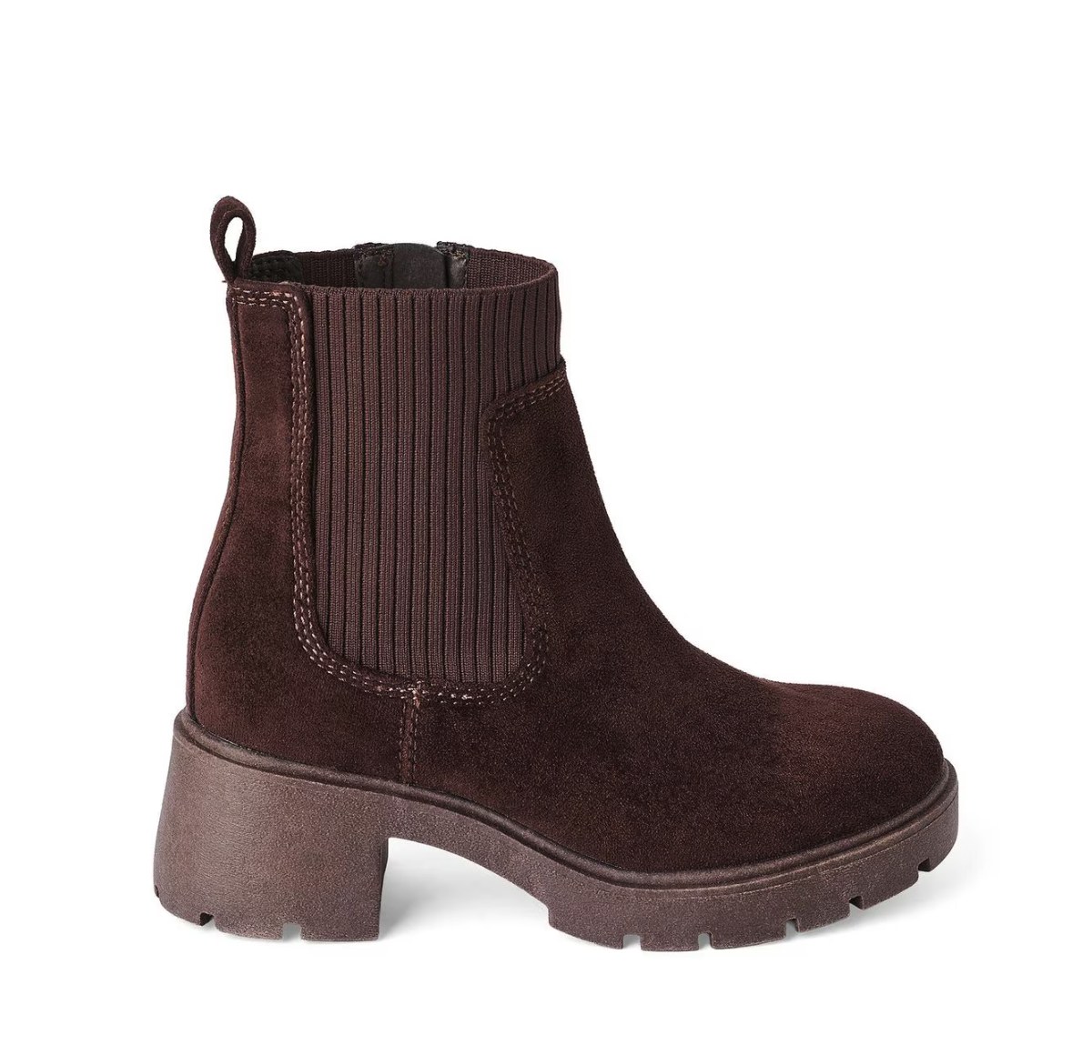 Dark brown suede Chelsea platform ankle bootie with ribbed elastic gusset and lug sole on white background